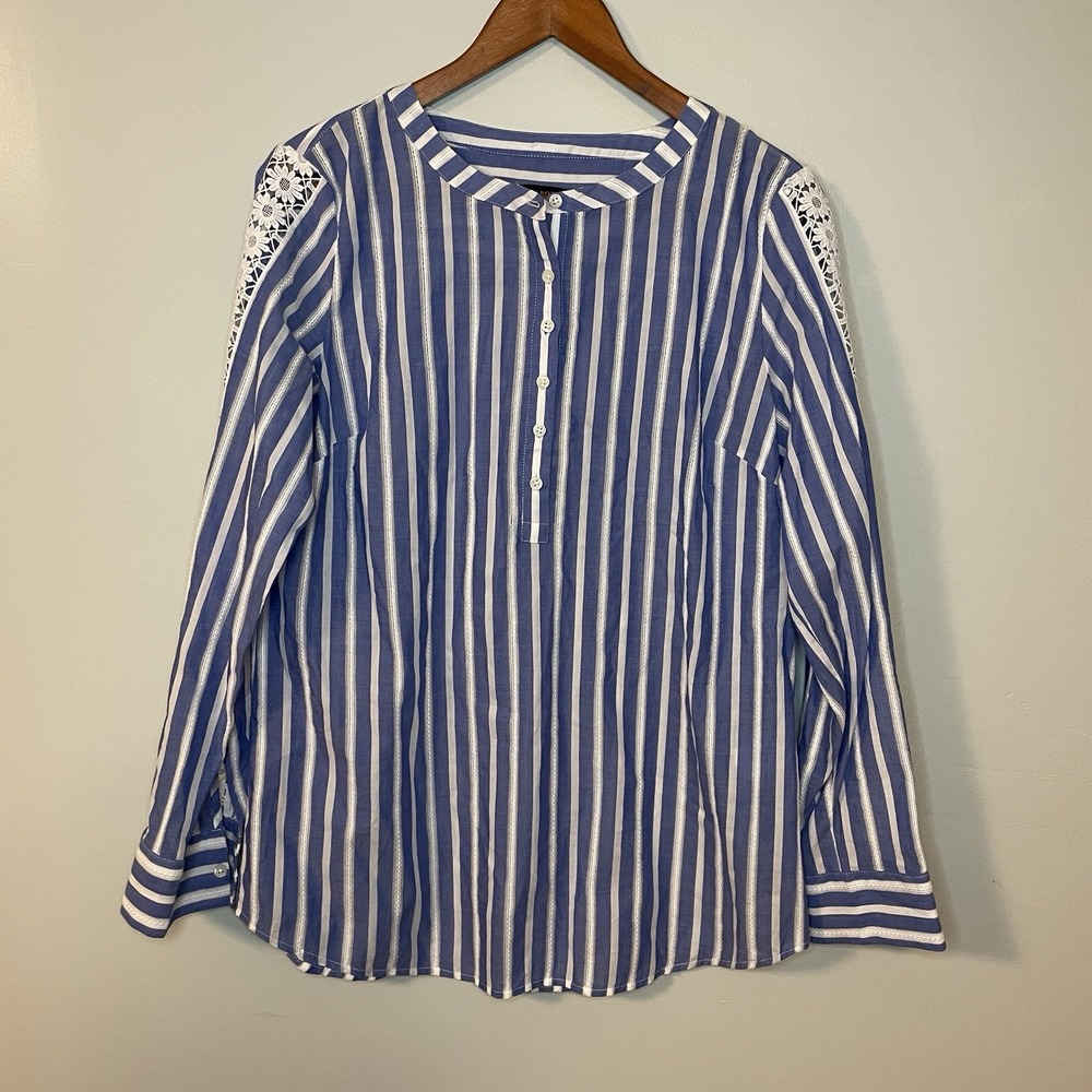 Talbots Medium Blue White‎ Stripe Tunic Blouse Shirt Striped Crochet Lightweight